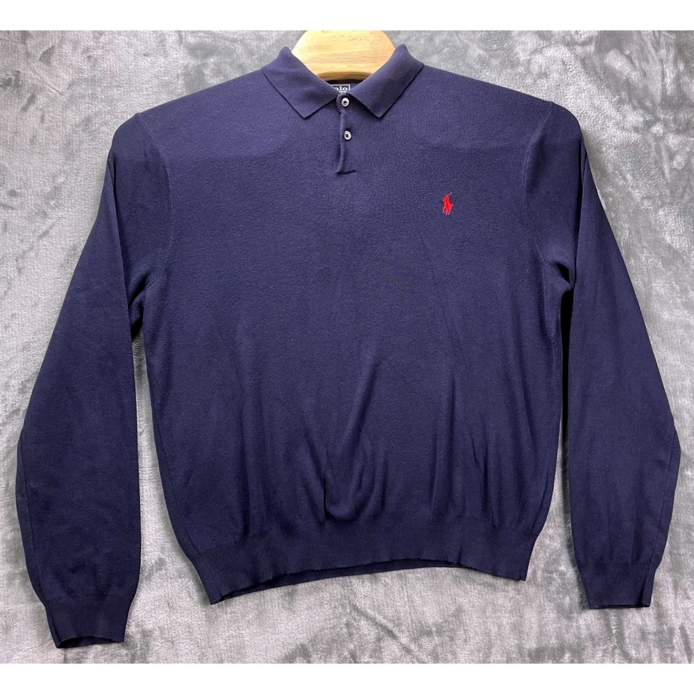 Polo Ralph Lauren Pima Cotton Long Sleeve Polo Sweater XL Navy Red Pony